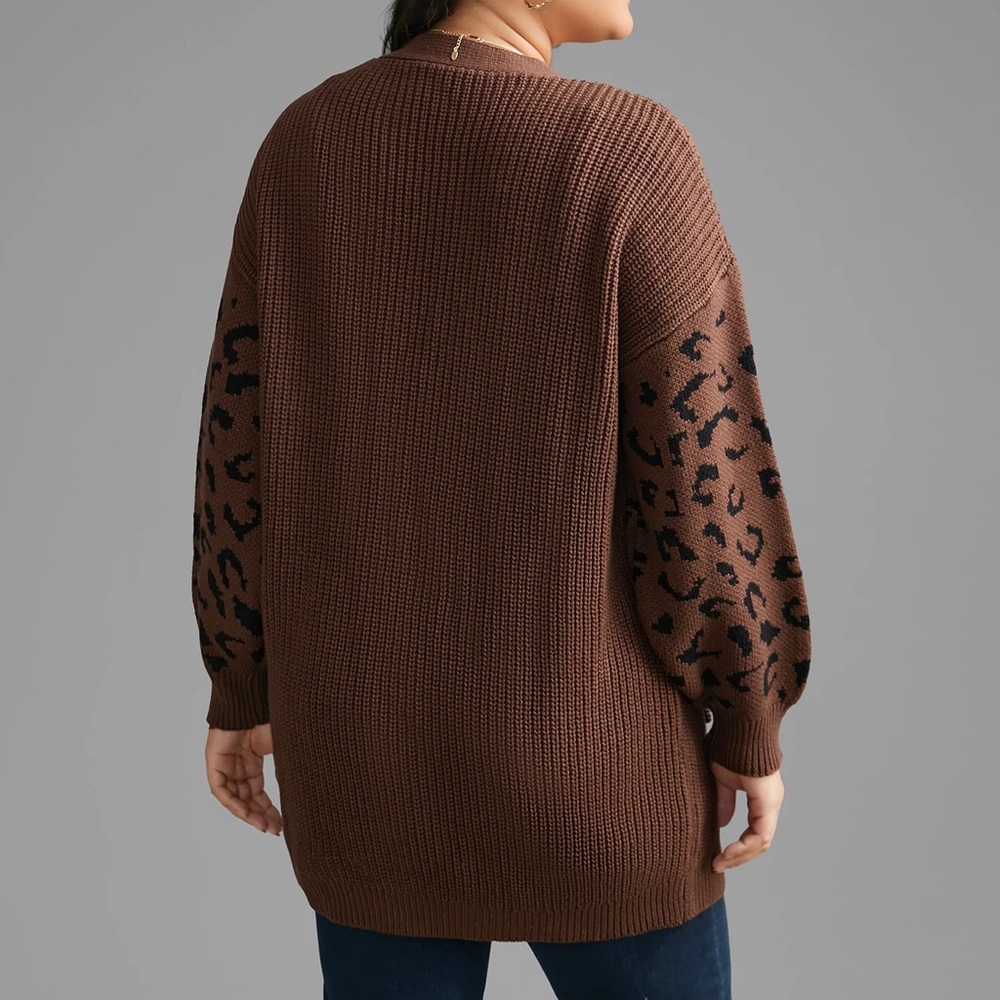 Bloomchic Brown Leopard Print Lantern Sleeve Cardigan Sweater‎ - Picture 3 of 9